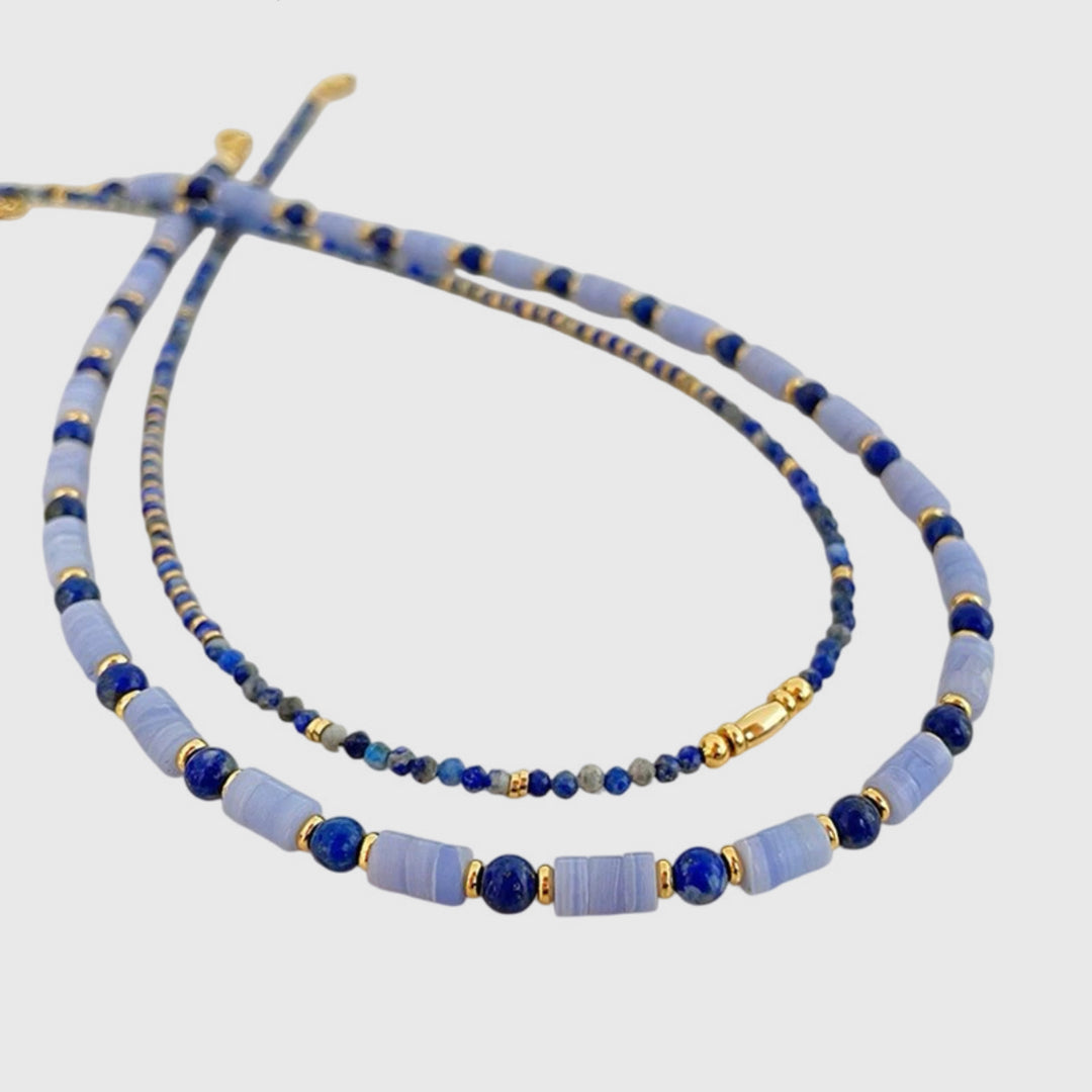 Lapis Lazuli & Blue Chalcedony Beaded Necklace – 14K Gold Plated Minimalist Layered Choker, Handmade Dainty Jewelry for Women