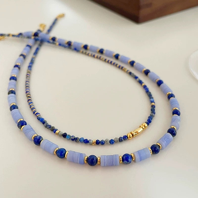 Lapis Lazuli & Blue Chalcedony Beaded Necklace – 14K Gold Plated Minimalist Layered Choker, Handmade Dainty Jewelry for Women