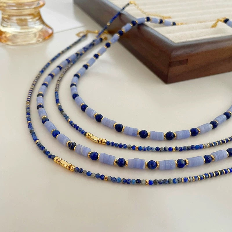 Lapis Lazuli & Blue Chalcedony Beaded Necklace – 14K Gold Plated Minimalist Layered Choker, Handmade Dainty Jewelry for Women