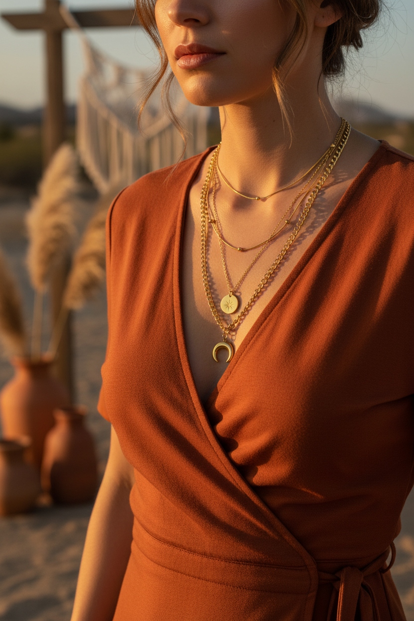 Layered gold necklaces styled at different lengths