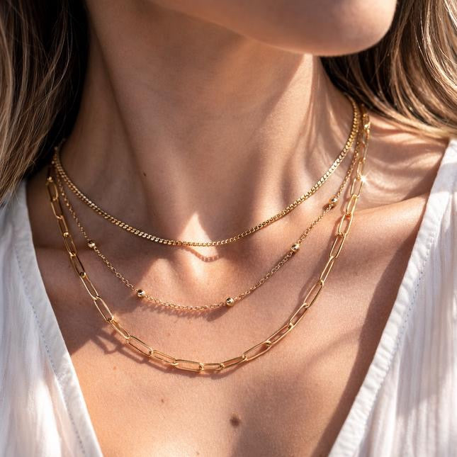 Layered gold necklaces styled for everyday wear