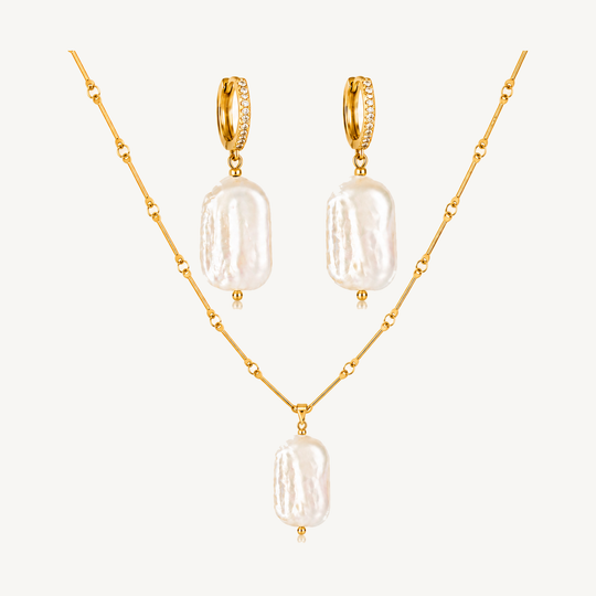 Rectangular baroque freshwater pearl necklace and huggie earrings set
