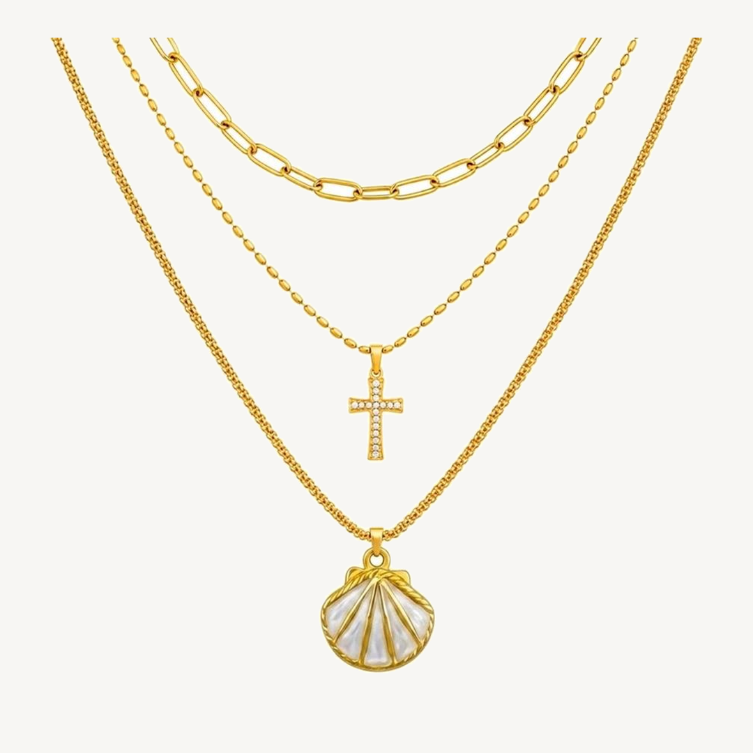 Pearl Shell three-layer gold-tone pendant necklace