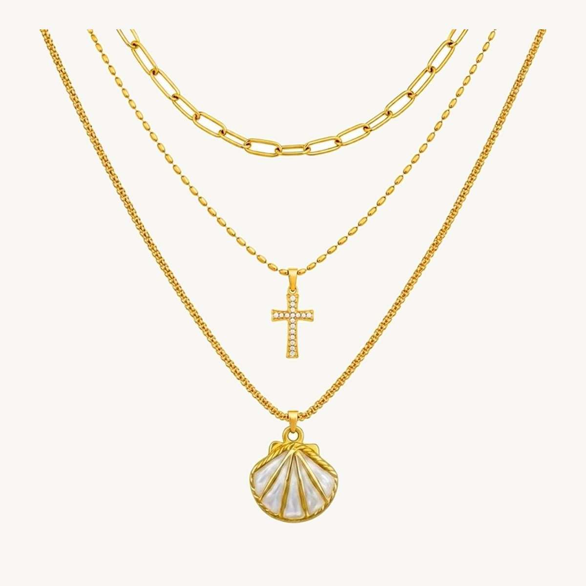 Pearl Shell three-layer gold-tone pendant necklace