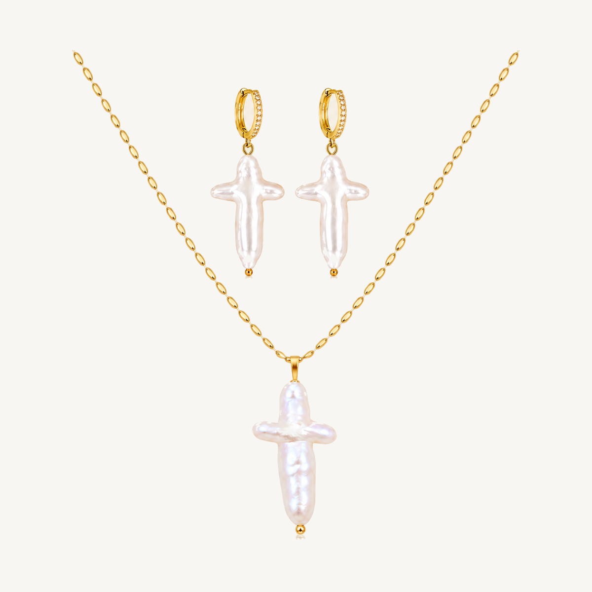 Maylohas Cross Pearl freshwater pearl necklace and huggie earrings set