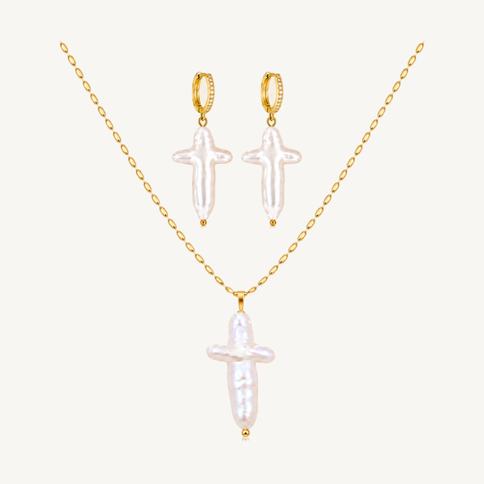 Maylohas Cross Pearl freshwater pearl necklace and huggie earrings set