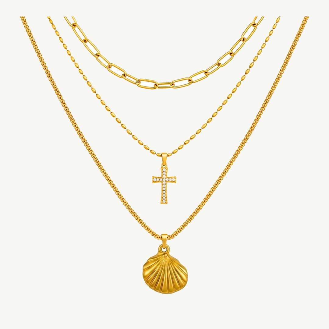 Golden Shell three-layer gold-tone necklace with shell pendant
