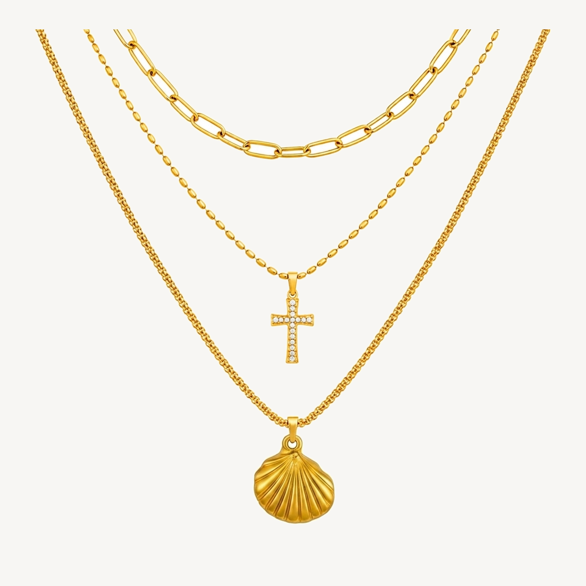 Golden Shell three-layer gold-tone necklace with shell pendant
