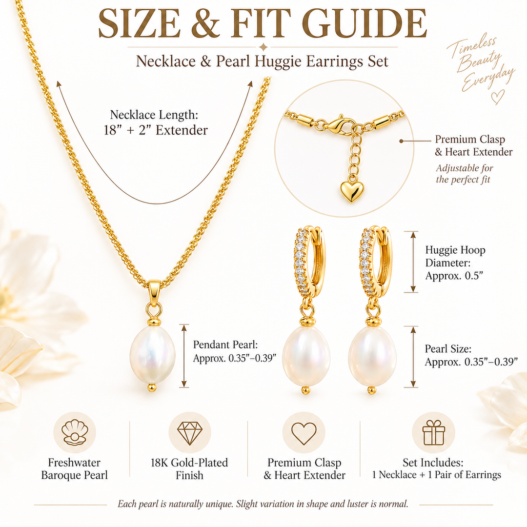 Pearl Drop Set necklace and huggie earring size guide