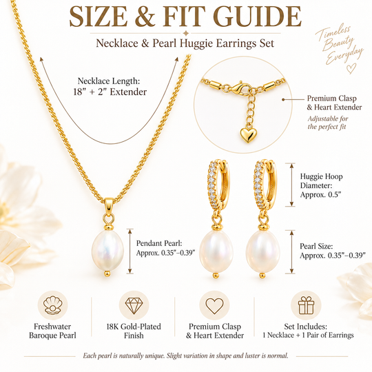 Pearl Drop Set necklace and huggie earring size guide