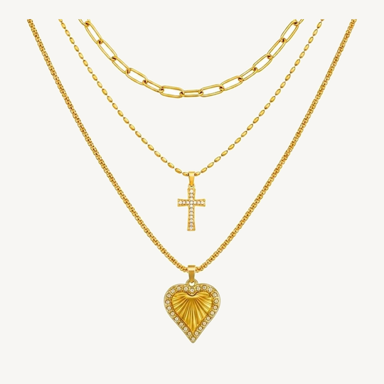 CZ Heart three-layer gold-tone pendant necklace