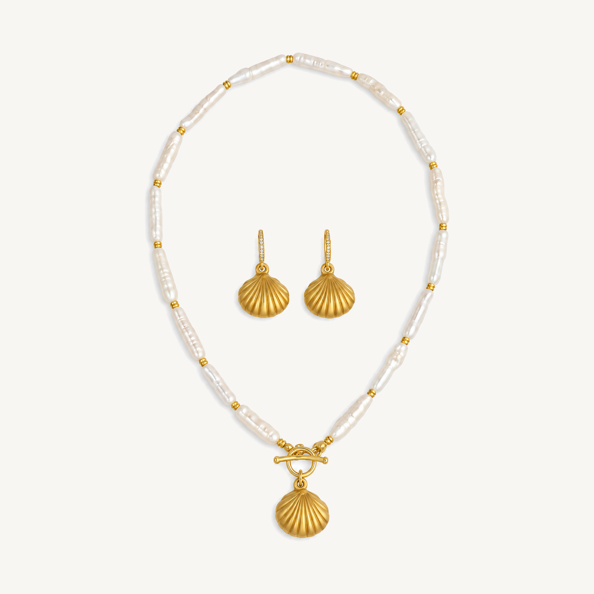 Golden Shell freshwater pearl necklace and huggie earrings jewelry set
