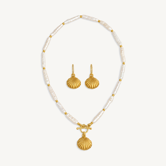Golden Shell freshwater pearl necklace and huggie earrings jewelry set