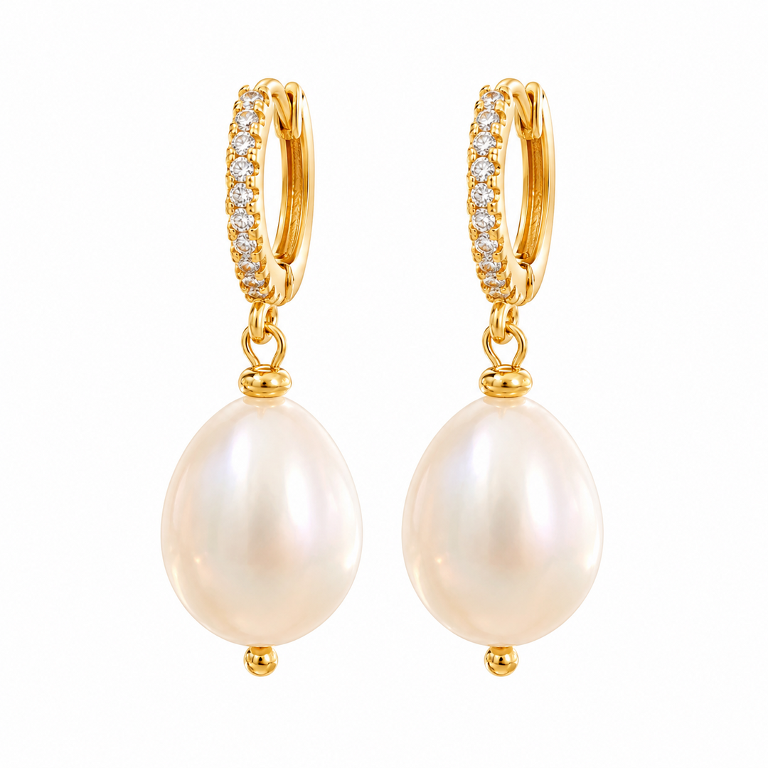 Freshwater baroque pearl huggie earrings close up detail
