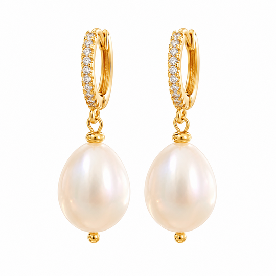 Freshwater baroque pearl huggie earrings close up detail