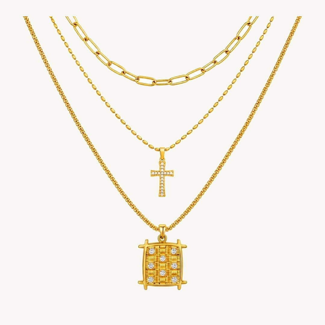 Woven Lattice three-layer gold-tone pendant necklace