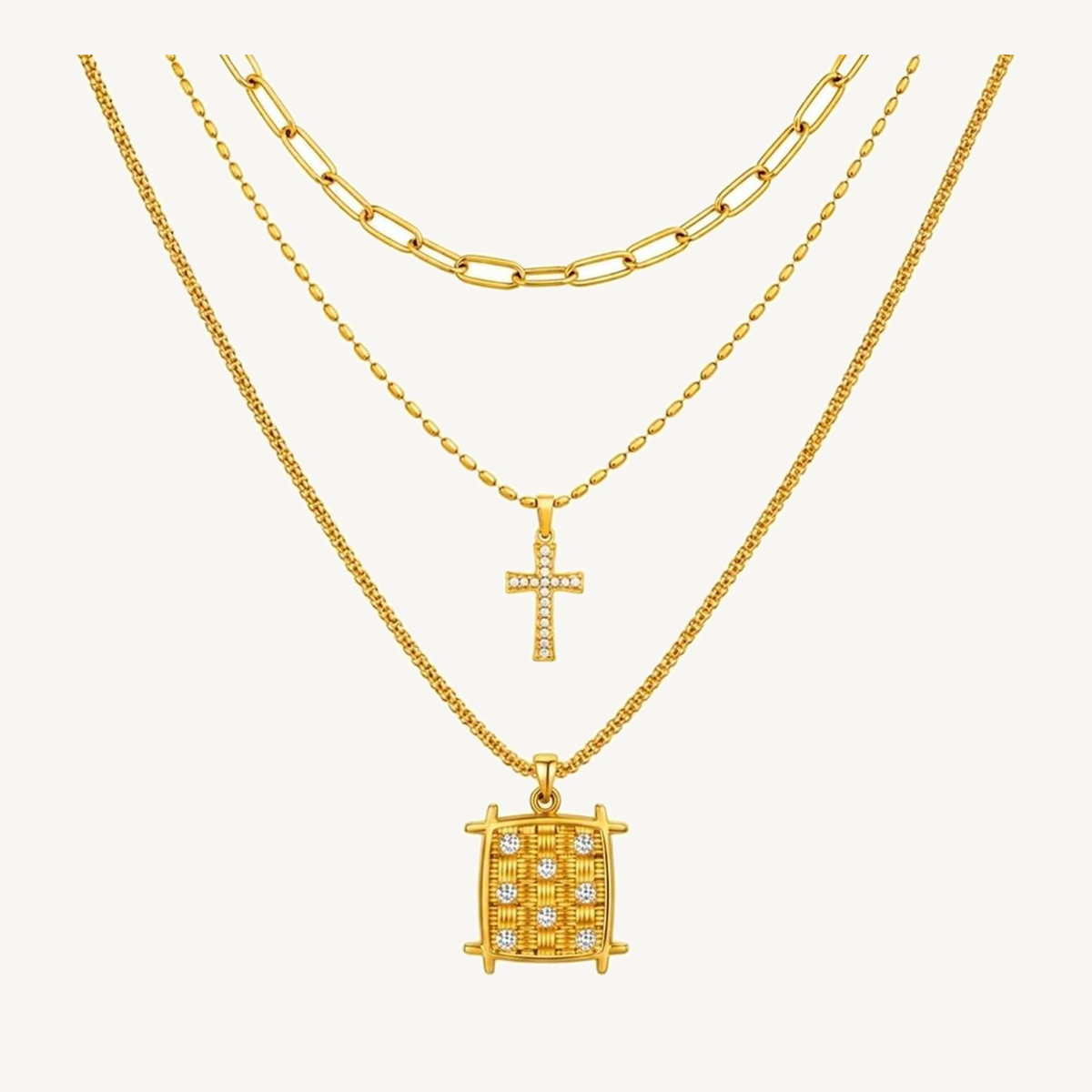 Woven Lattice three-layer gold-tone pendant necklace