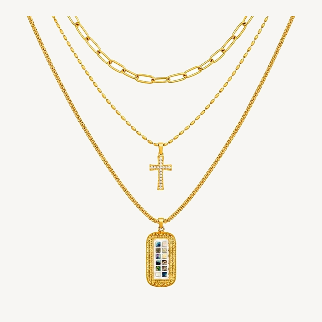 Mosaic Tile three-layer gold-tone pendant necklace