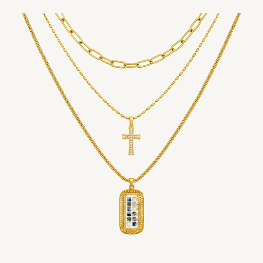 Mosaic Tile three-layer gold-tone pendant necklace