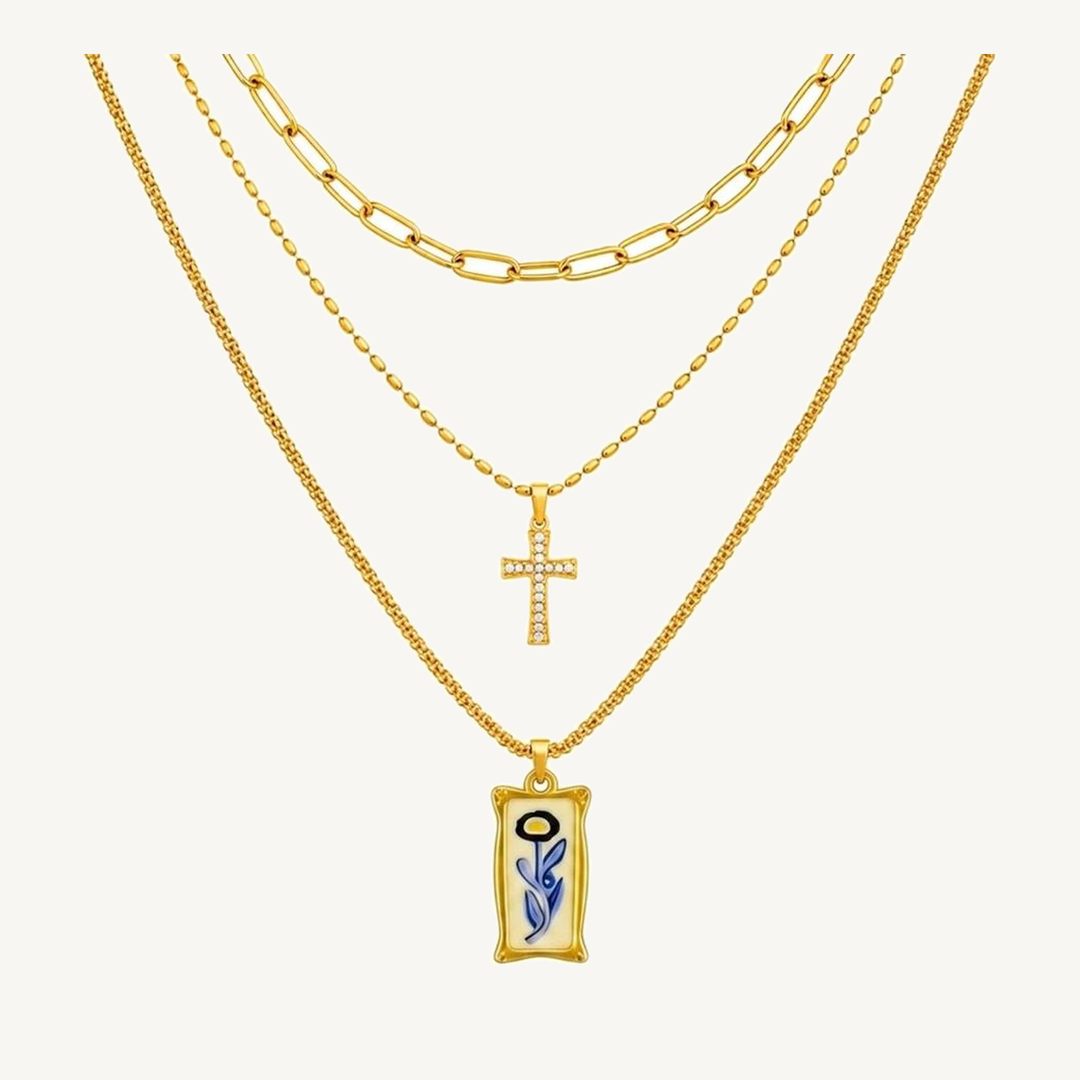 Blue Bloom three-layer gold-tone pendant necklace