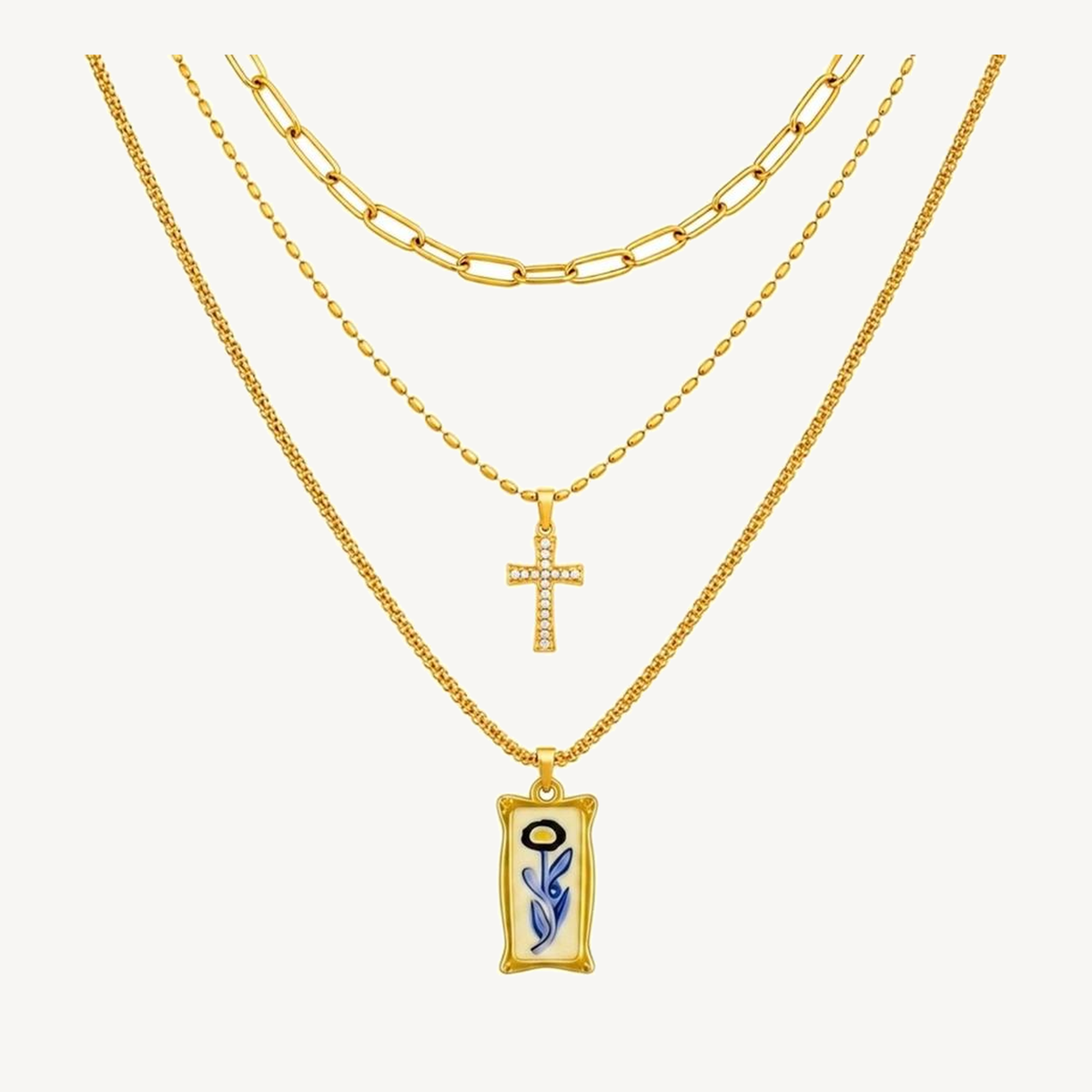 Blue Bloom three-layer gold-tone pendant necklace