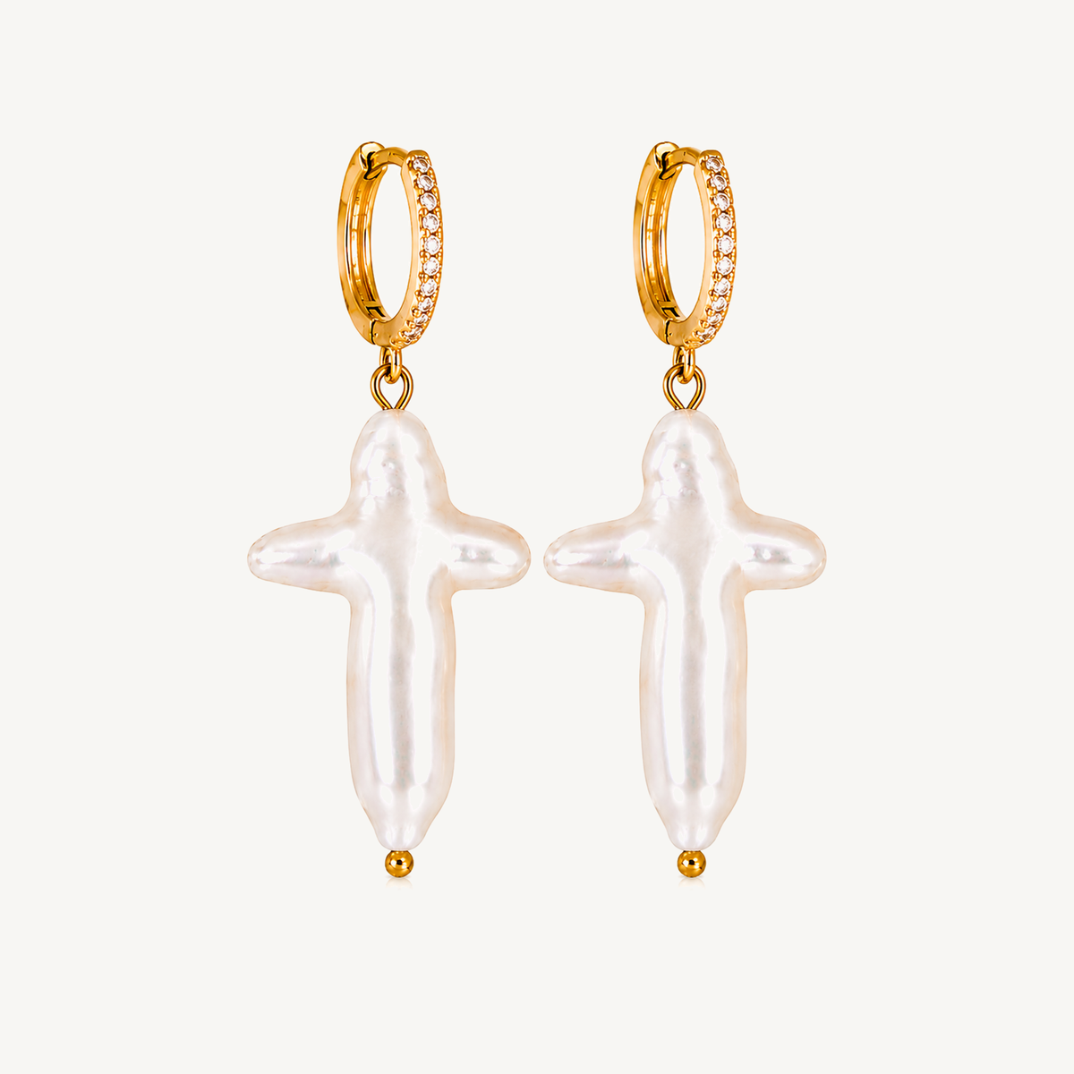 Baroque freshwater pearl cross huggie earrings