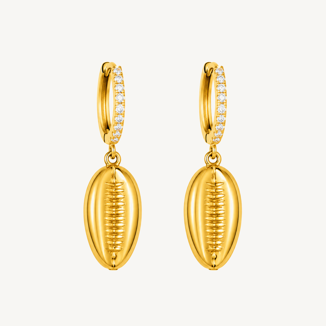 Gold cowrie shell charm huggie earrings