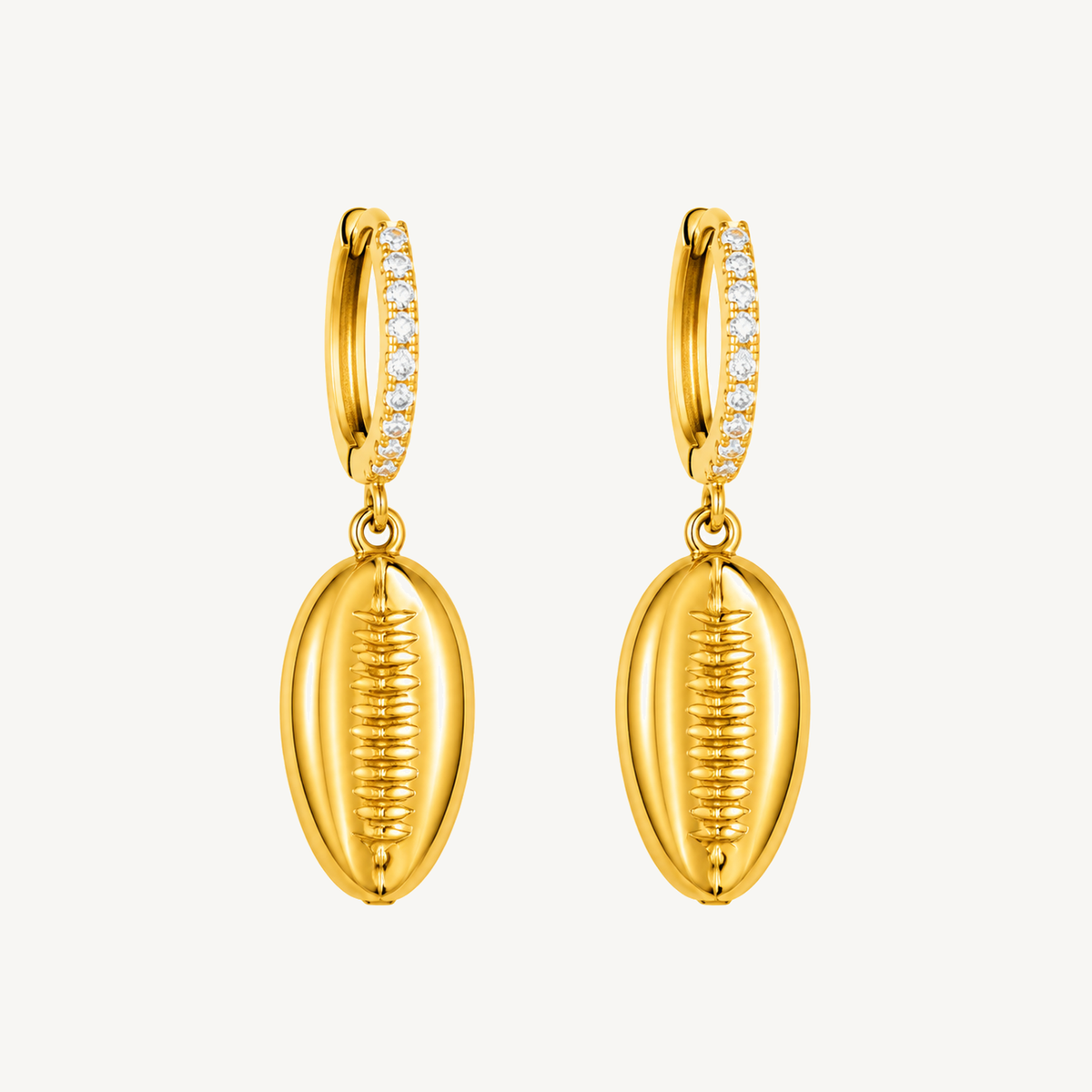 Gold cowrie shell charm huggie earrings