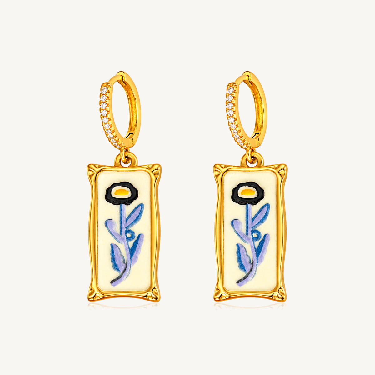 Blue Floral Tile charm huggie earrings