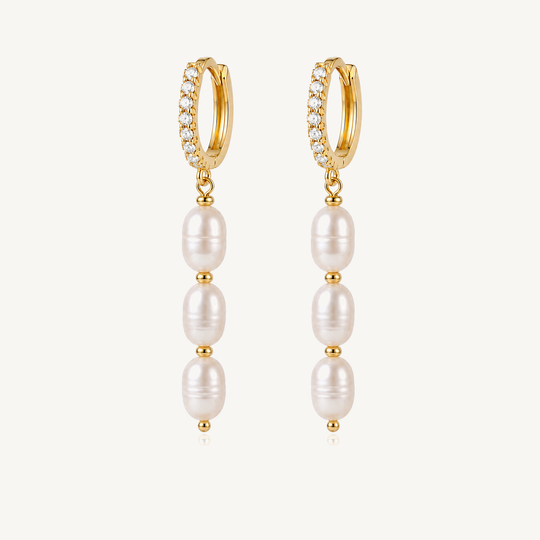 Triple freshwater pearl drop huggie earrings