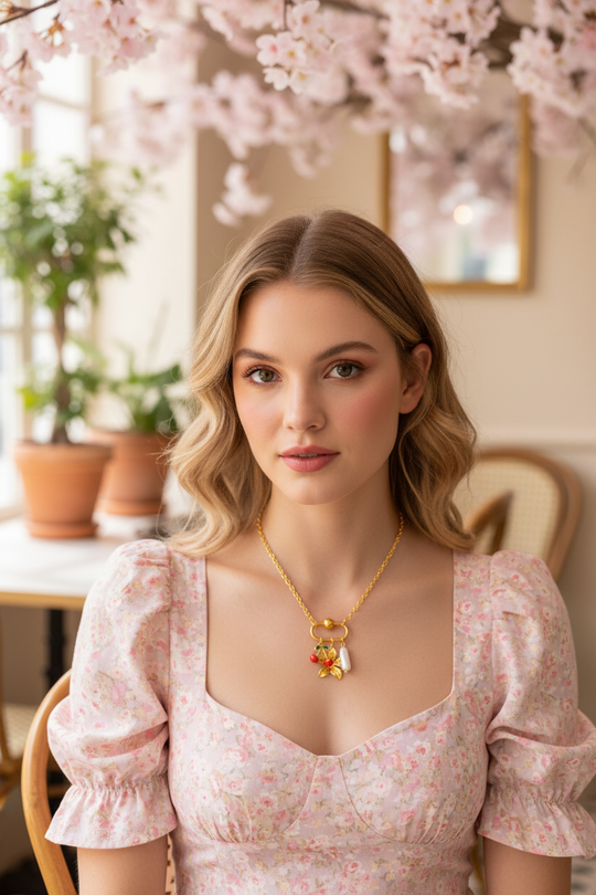 樱桃花朵珍珠项链北美佩戴图