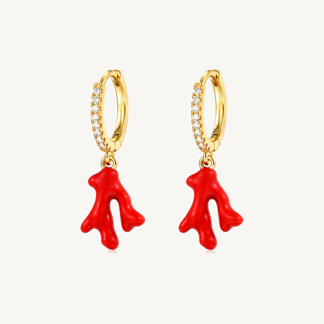 Red Coral charm huggie earrings