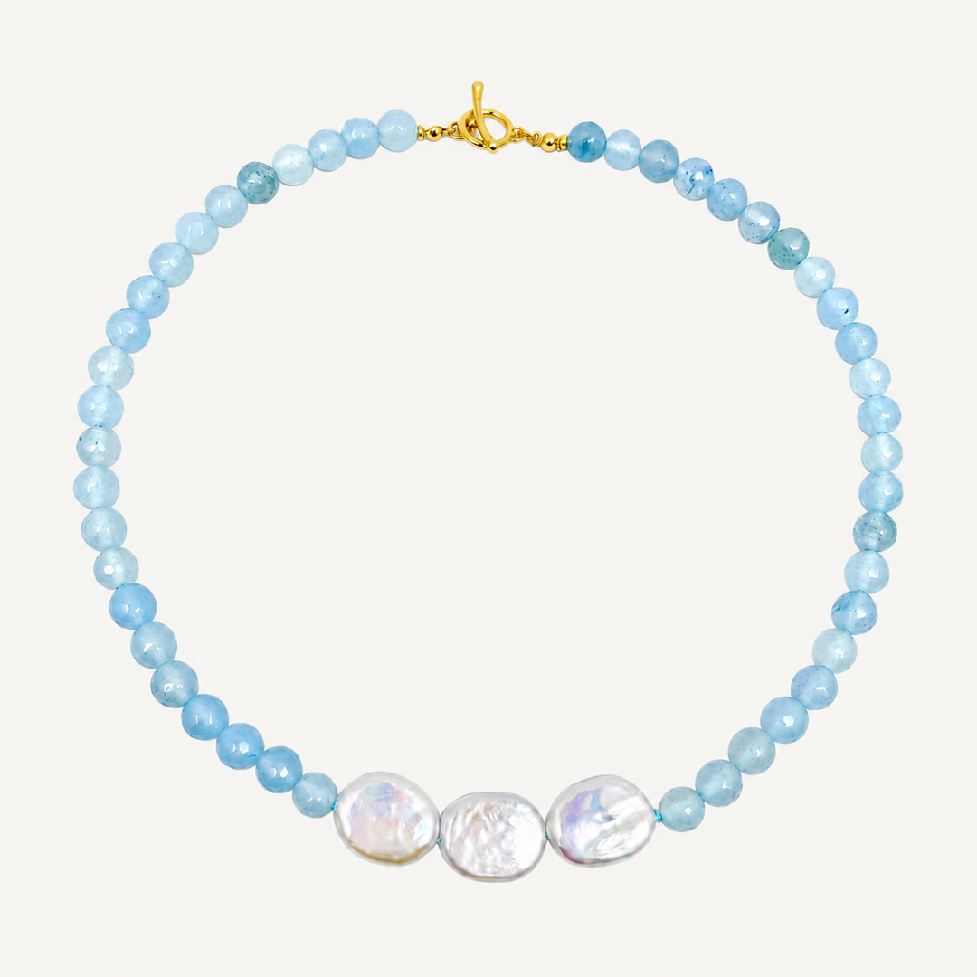 Maylohas Blue Baroque natural stone beaded necklace with freshwater baroque pearl