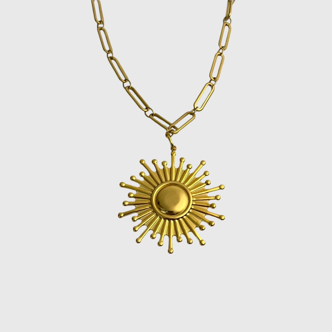 Gold Sun Pendant Necklace – 18K Gold Plated Stainless Steel, Sunburst Design, Adjustable Chain (17.7" + 2" Extender), Perfect for Women