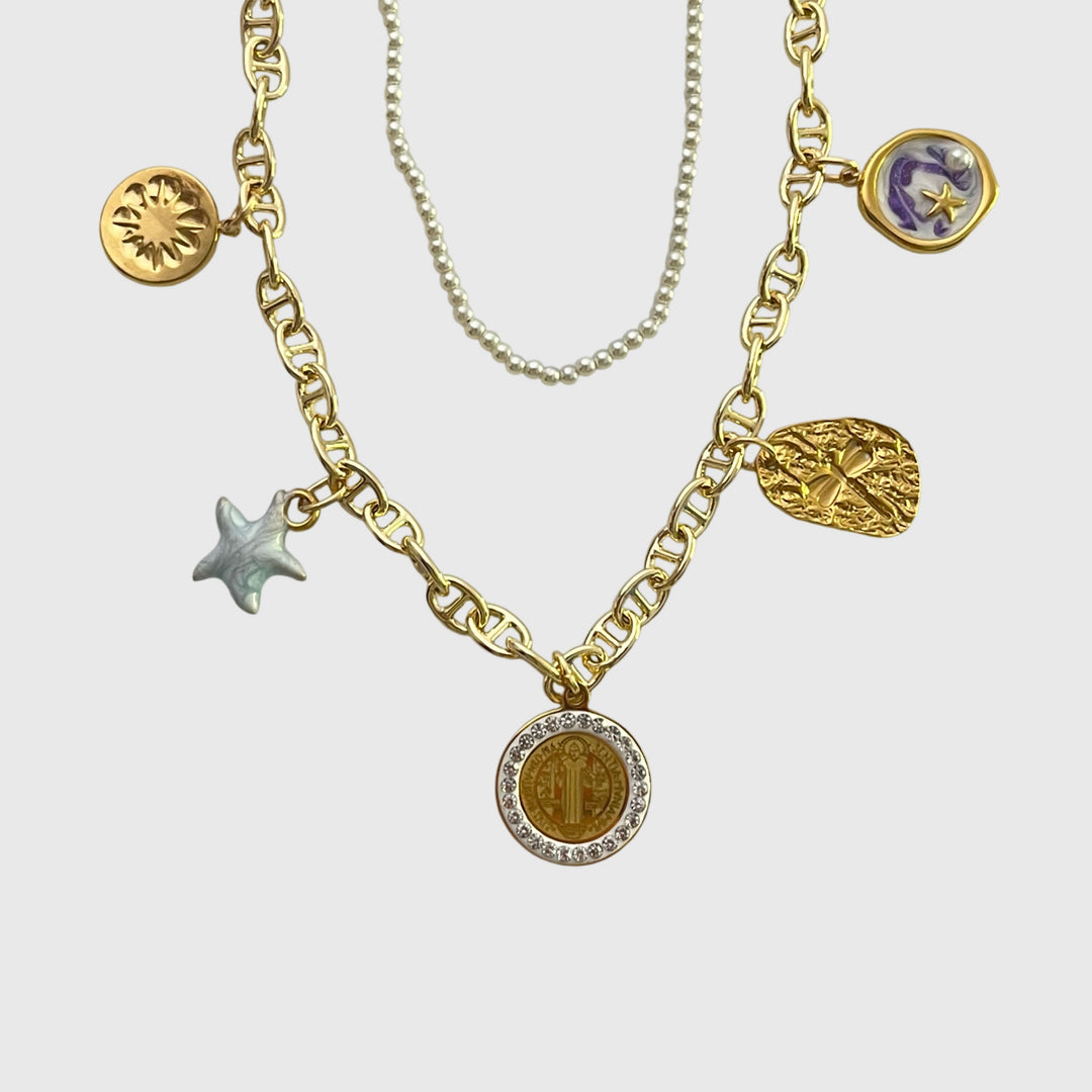 Layered Gold and Pearl Charm Necklace – T-Bar Clasp, Sun, Star, Crystal Coin, Vintage-Inspired Charms