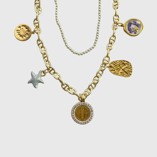 Layered Gold and Pearl Charm Necklace – T-Bar Clasp, Sun, Star, Crystal Coin, Vintage-Inspired Charms