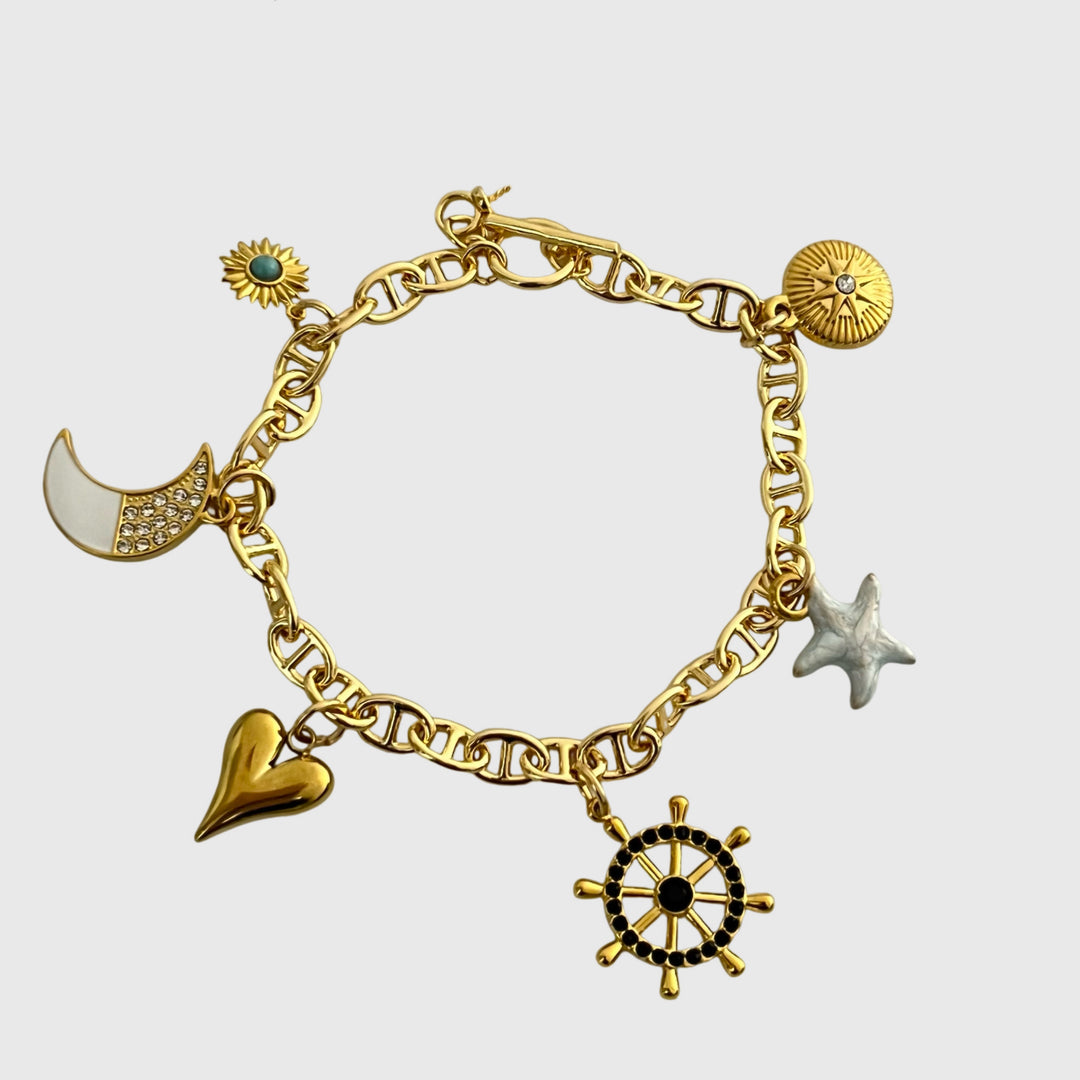 Nautical Charm Bracelet Set – 18K Gold Plated Stainless Steel with T-Bar Clasp, Ship Wheel & Anchor Pendants, 7"