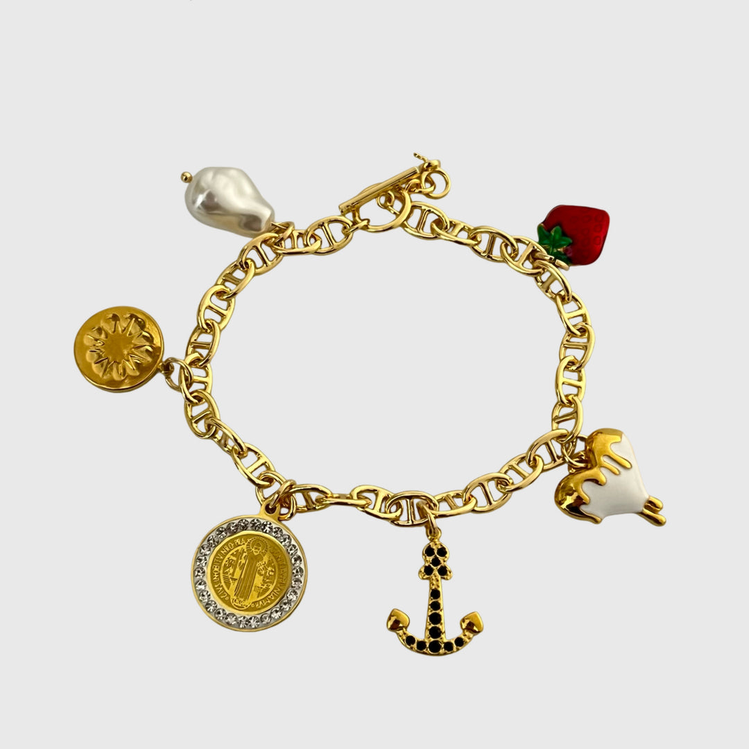 Nautical Charm Bracelet Set – 18K Gold Plated Stainless Steel with T-Bar Clasp, Ship Wheel & Anchor Pendants, 7"