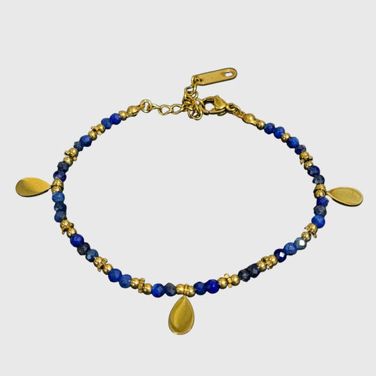 Natural Lapis Lazuli Bracelet with Gold Beads & Teardrop Charms – Stainless Steel, Adjustable 6.7" + 1.2", Elegant Bracelet for Women