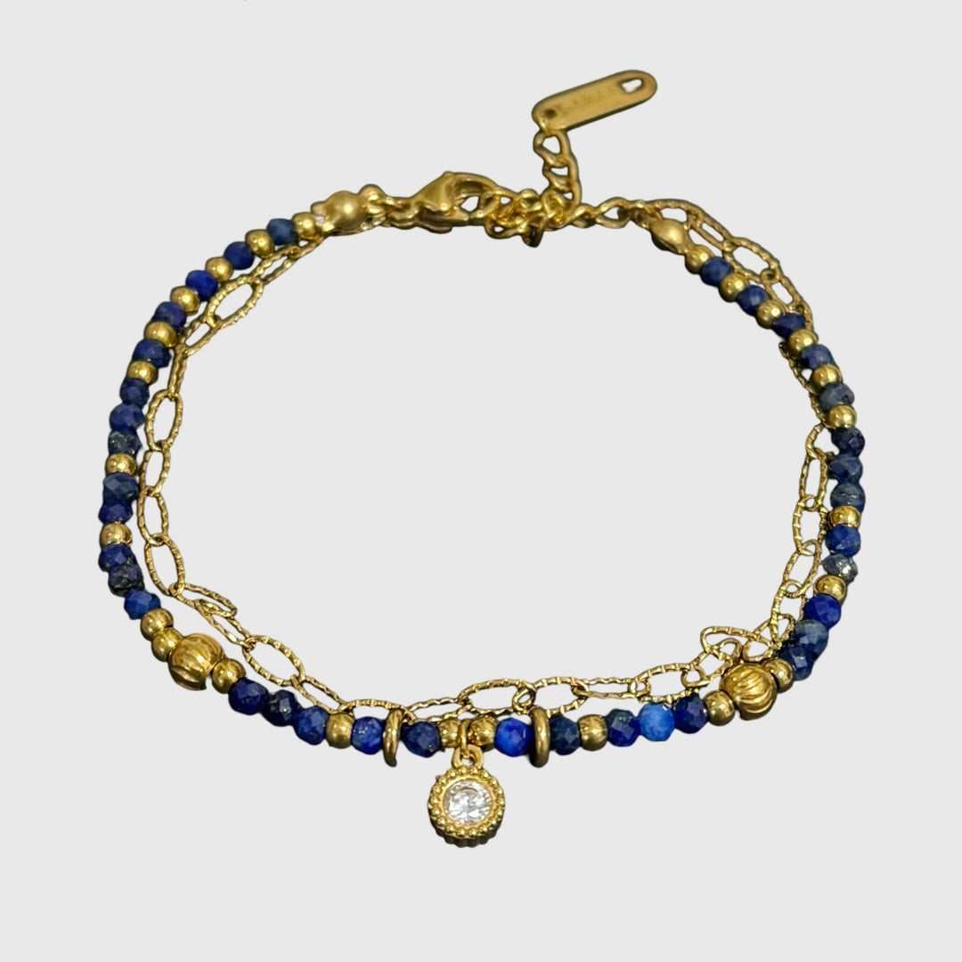 Lapis Lazuli Layered Bracelet with Dainty Gold Zircon Charm – 18K Gold Plated Stainless Steel