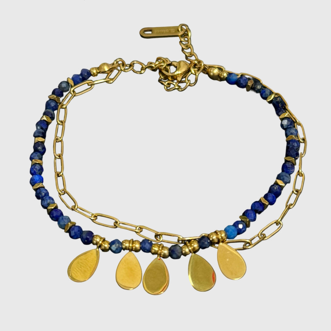 Lapis Lazuli Paperclip Chain Bracelet – 18K Gold Plated Stainless Steel, Layered Look with Teardrop Charms, Adjustable 6" + 2"