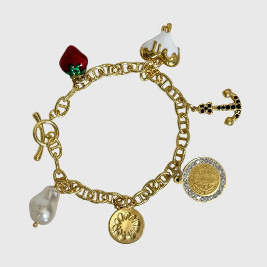 Nautical Charm Bracelet Set - Gold-plated Brass with T-Bar Clasp, Ship's Wheel and Anchor Charm, 7 in.