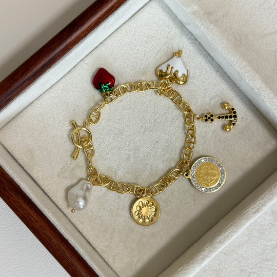 Nautical Charm Bracelet Set - Gold-plated Brass with T-Bar Clasp, Ship's Wheel and Anchor Charm, 7 in.