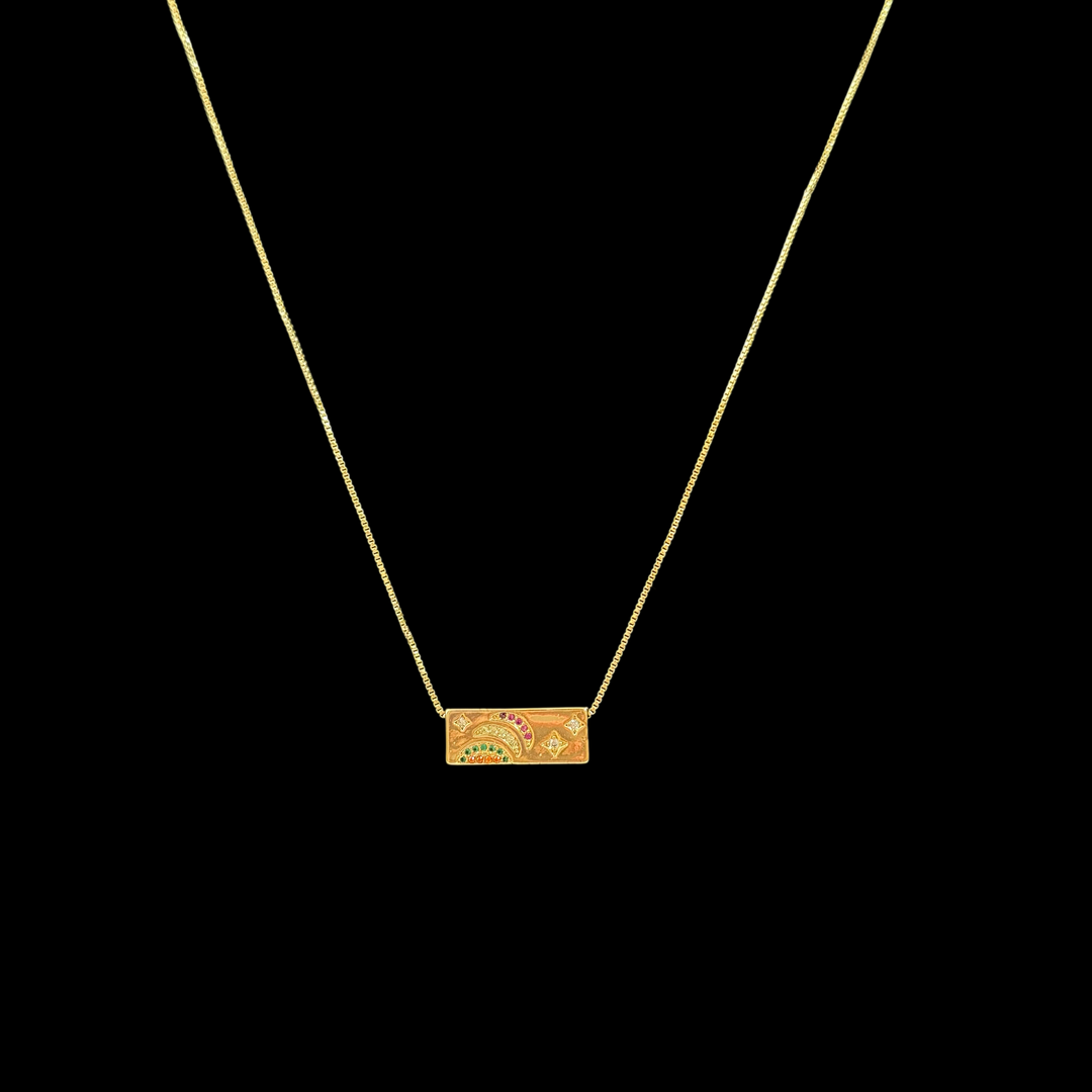 Gold Rectangle Pendant Necklace – Shooting Star & Rainbow Design, Dainty Minimalist Jewelry, 2 Styles