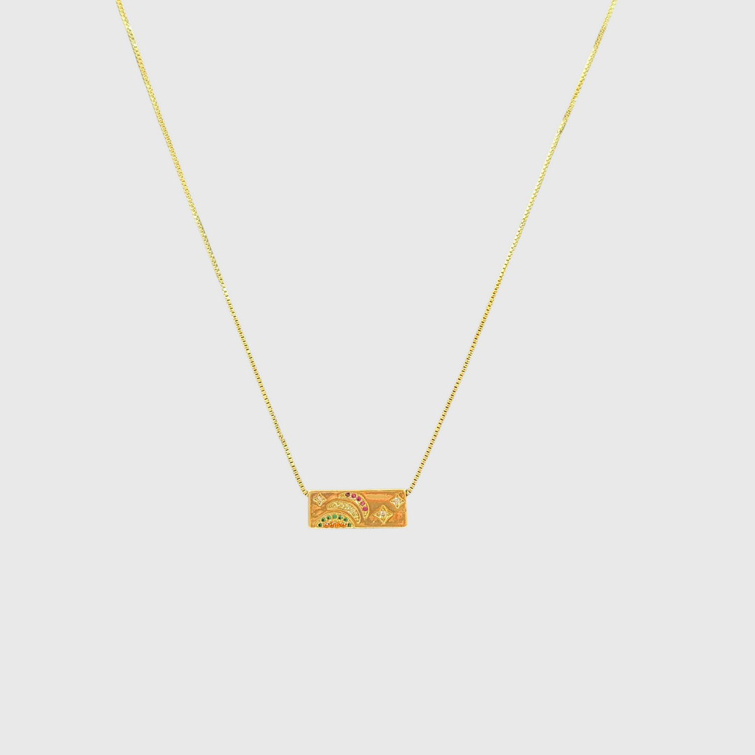 Gold Rectangle Pendant Necklace – Shooting Star & Rainbow Design, Dainty Minimalist Jewelry, 2 Styles