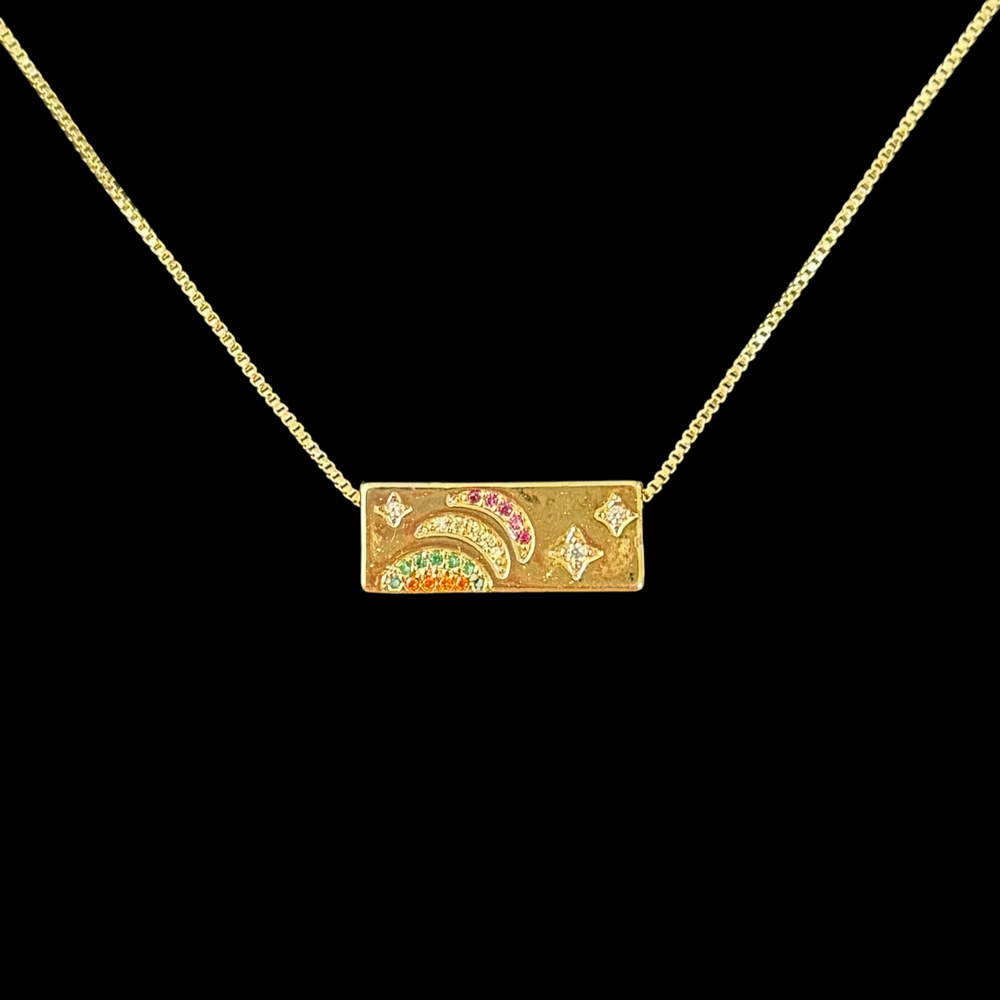 Gold Rectangle Pendant Necklace – Shooting Star & Rainbow Design, Dainty Minimalist Jewelry, 2 Styles