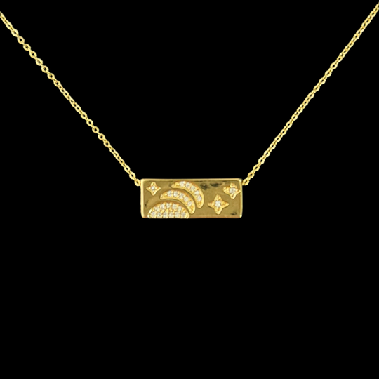 Gold Rectangle Pendant Necklace – Shooting Star & Rainbow Design, Dainty Minimalist Jewelry, 2 Styles