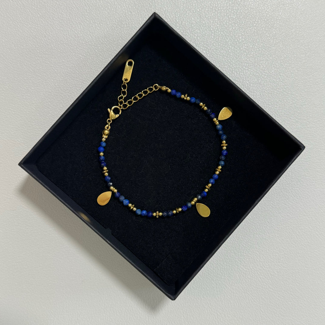 Natural Lapis Lazuli Bracelet with Gold Beads & Teardrop Charms – Stainless Steel, Adjustable 6.7" + 1.2", Elegant Bracelet for Women