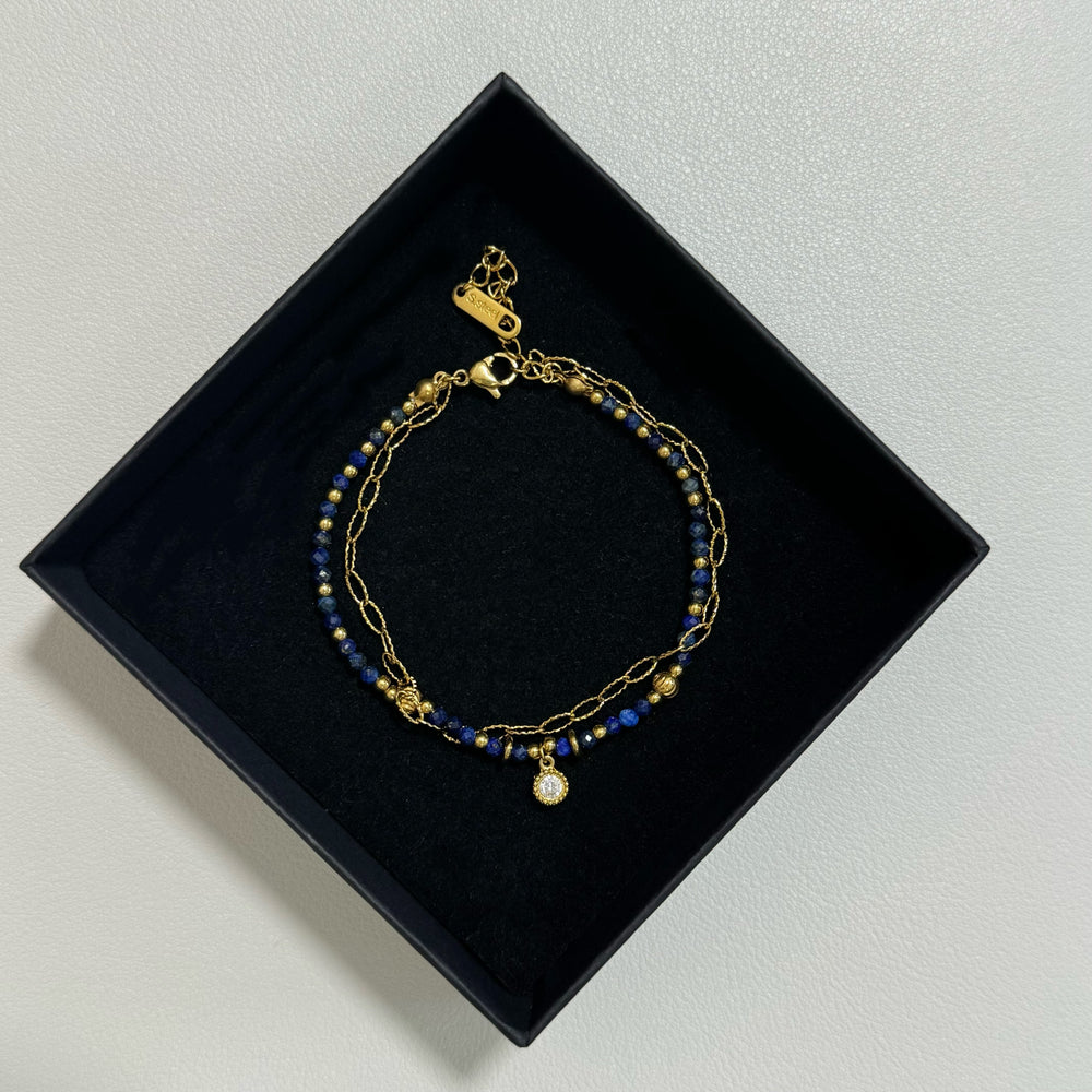 Lapis Lazuli Layered Bracelet with Dainty Gold Zircon Charm – 18K Gold Plated Stainless Steel