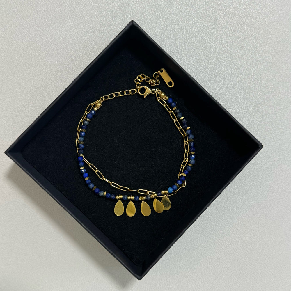 Lapis Lazuli Paperclip Chain Bracelet – 18K Gold Plated Stainless Steel, Layered Look with Teardrop Charms, Adjustable 6" + 2"